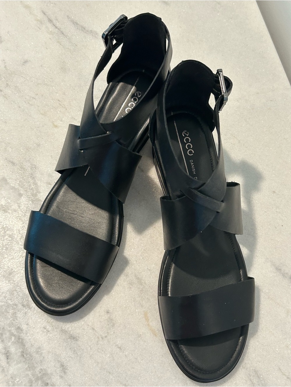 Leather Ecco Black Wedge Sandals with Ankle Strap - Soooo comfy!